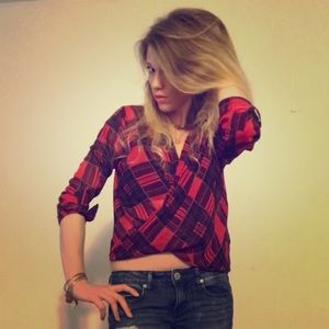 Sheer red and black plaid blouse ❤️